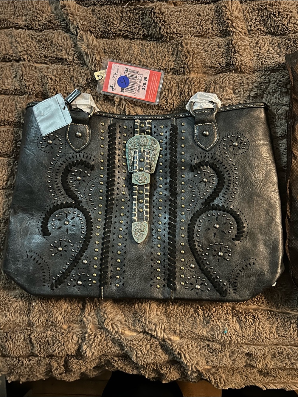 Montana West Black Studded Shoulder Tote with Buckle Accent